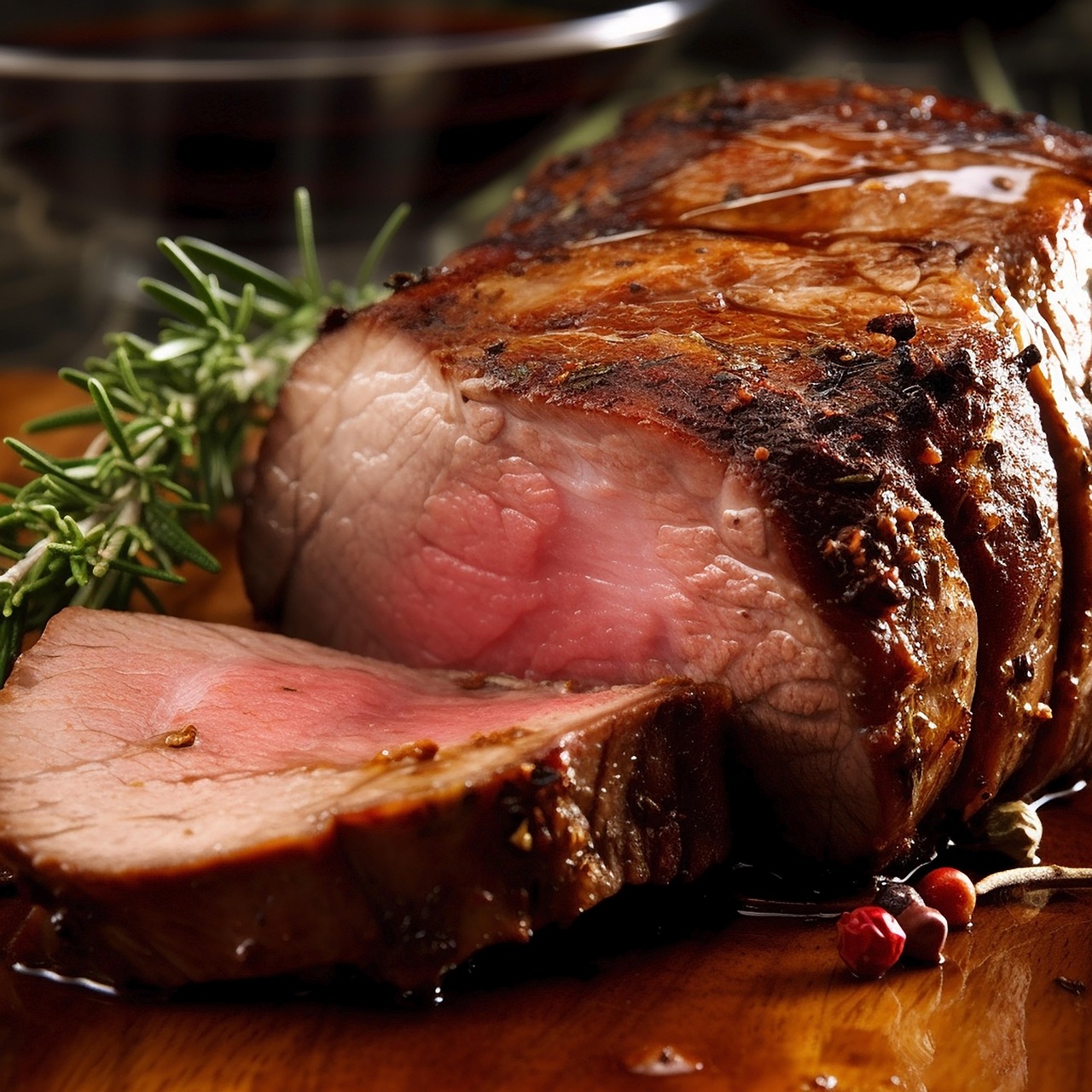 Arrosto succulento appena sfornato, con contorni di verdure colorate.